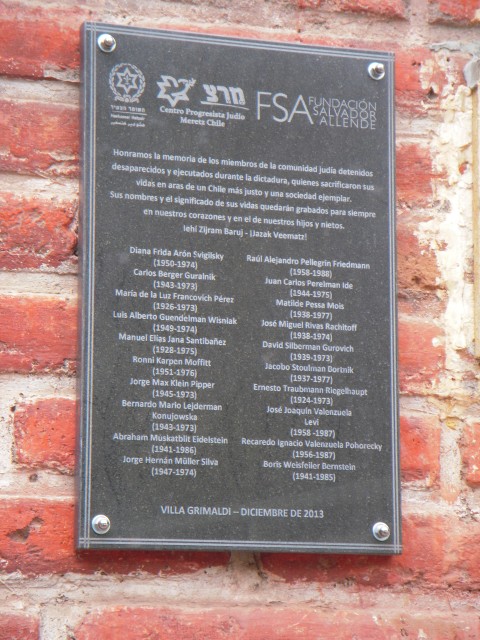 A memorial plaque to the human rights victims of Jewish origin installed on the wall of Villa Grimaldi. 2013
