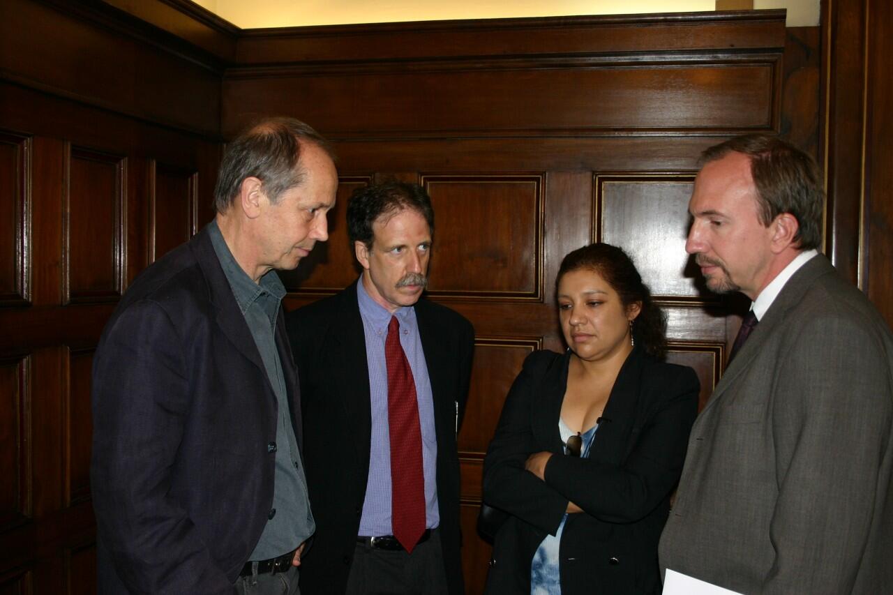 2004. At a press conference at Palacio Artizia: Sebastian Brett (HRW)(L), Larry Rohter (NYT), Viviana Candia (La Segunda), Jeffrey Galvin (the U.S. Embassy) (R)