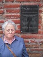 Olga Weisfeiler near memorial plaque at Villa Grimaldi, Santiago, Chile, April 2014