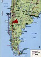 Map: South America. Red arrow is pointed to the area of Colonia Dignidad approximate location in Chile, VIIth Region.