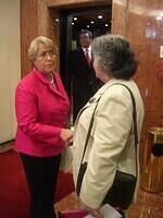 2008. President Michelle Bachelet (L) and Olga Weisfeiler (R) - accidental meeting in a hotel's lobby.