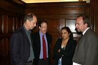 2004. At a press conference at Palacio Artizia: Sebastian Brett (HRW)(L), Larry Rohter (NYT), Viviana Candia (La Segunda), Jeffrey Galvin (the U.S. Embassy) (R)